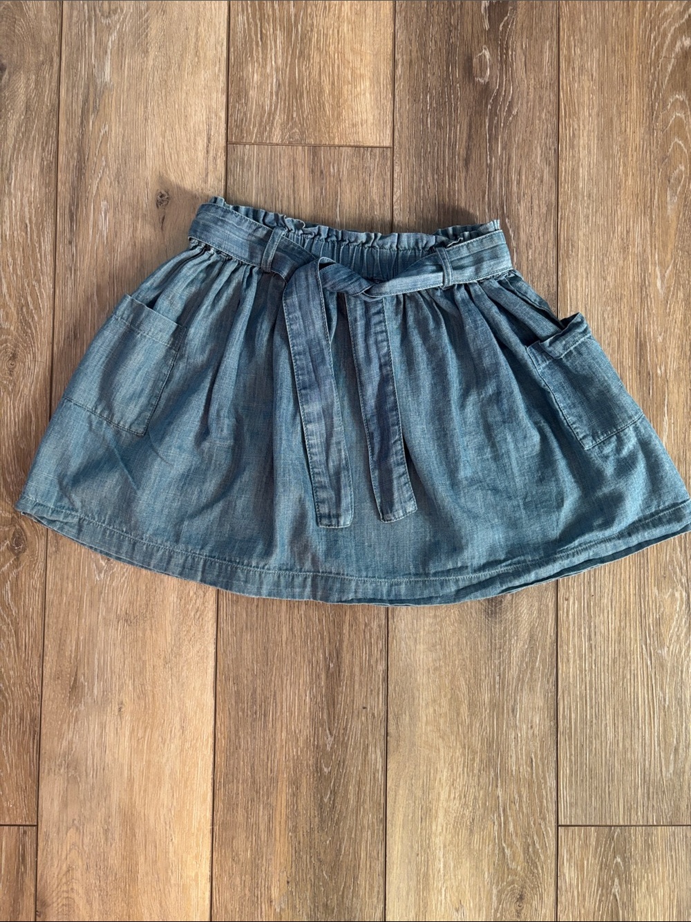 Mini Boden Chambray Tie-Waist Pocket Skirt Denim Blue 100% Cotton
